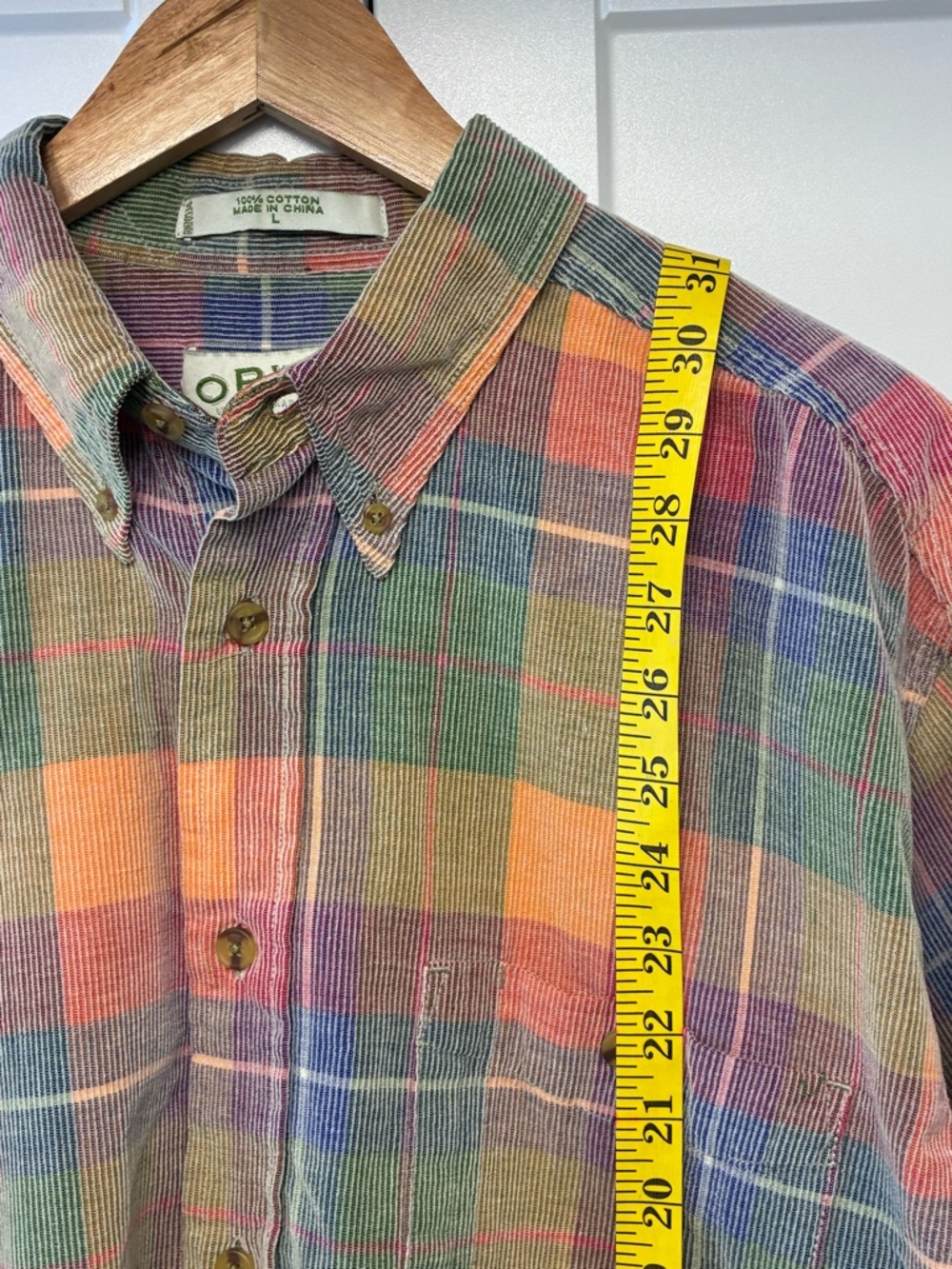 Vintage 90’s Orvis Courdory Plaid Button-Down Shirt — Green, Orange, Purple Sz L - Picture 3 of 7